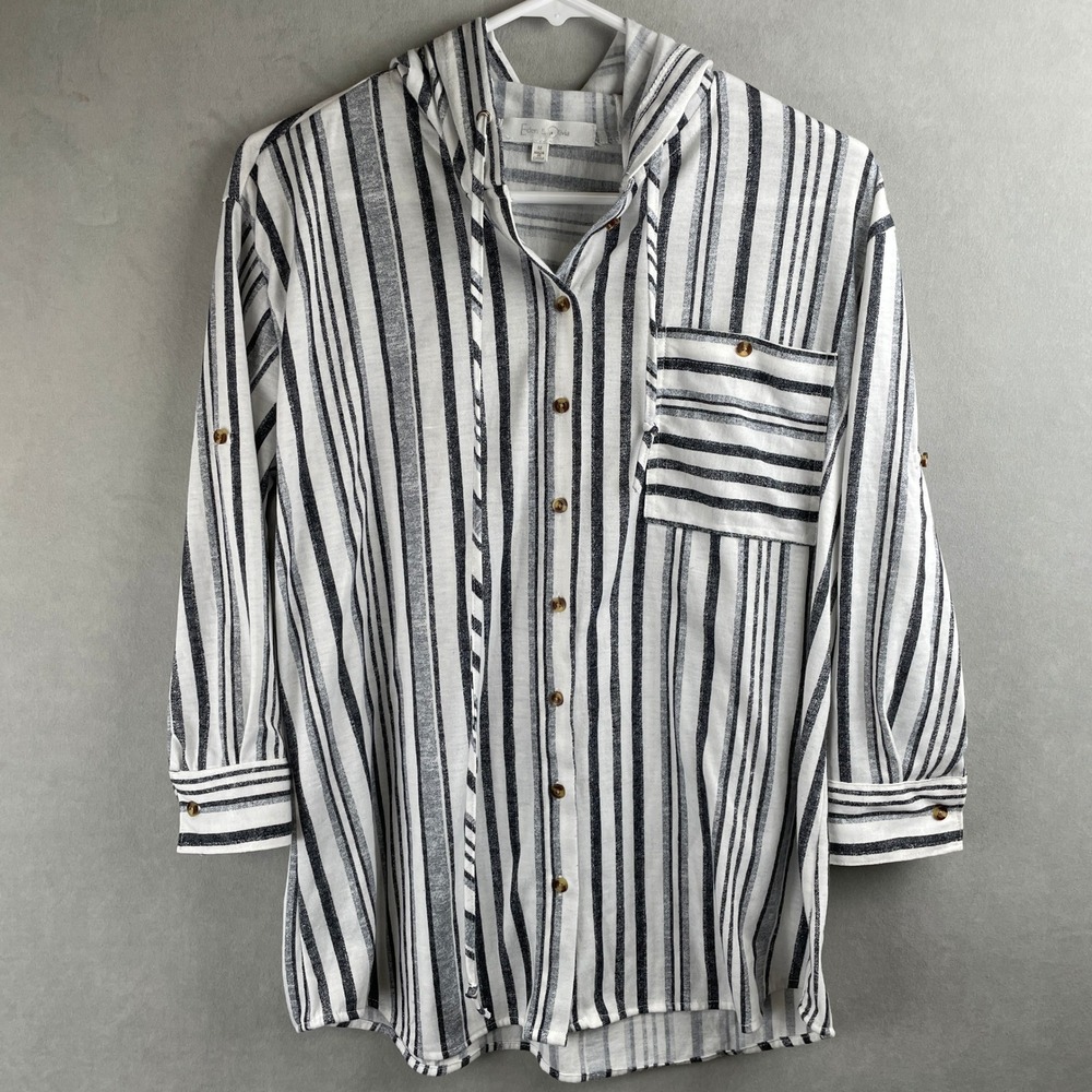 Eden & Olivia Striped Hood Button Down Shirt Roll Tab Sleeve Black White M Beach